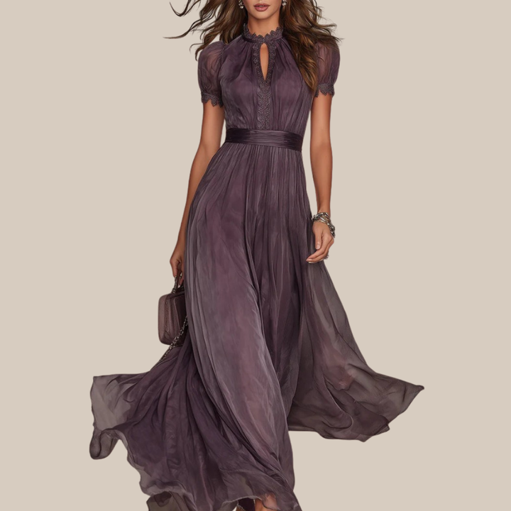FLAVIA | Abito lungo viola con finiture in pizzo