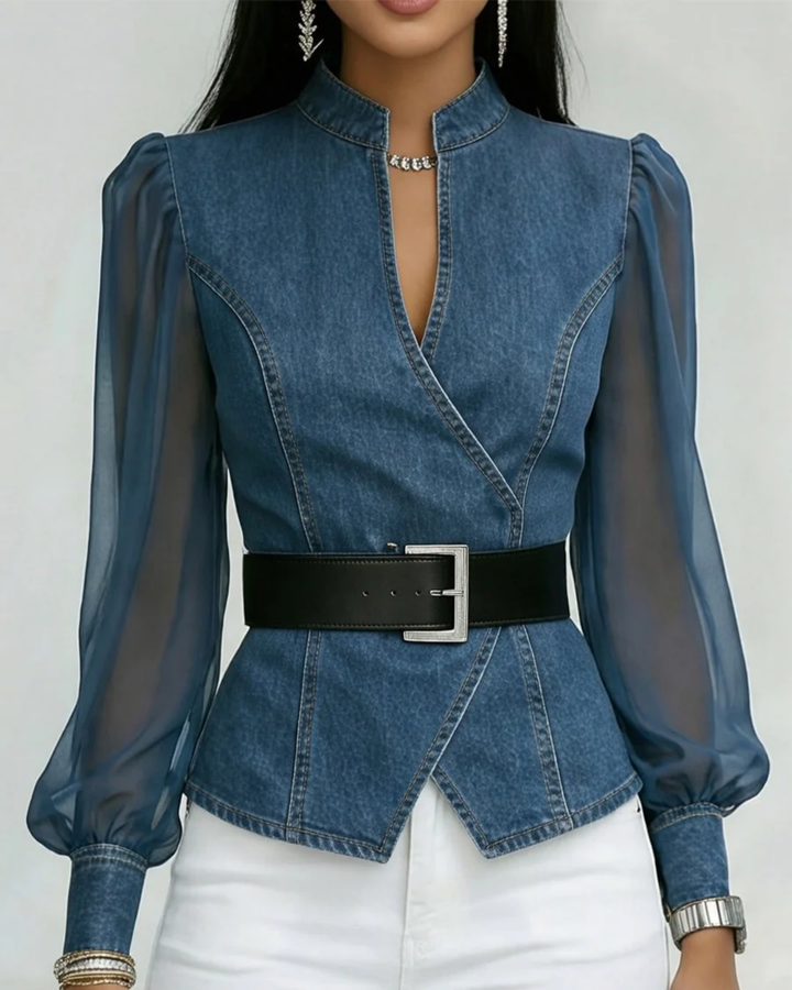 Alessia | Top in denim con maniche in chiffon leggero
