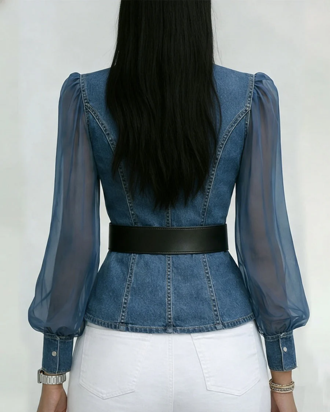 Alessia | Top in denim con maniche in chiffon leggero