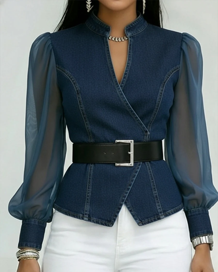 Alessia | Top in denim con maniche in chiffon leggero