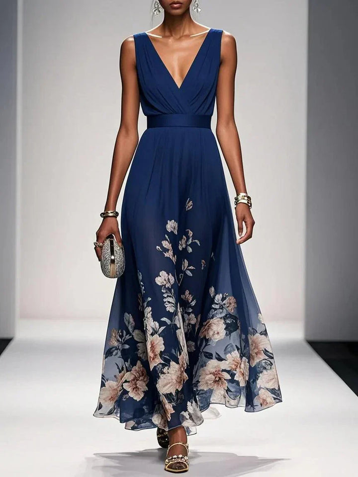 Rosa | Vestito maxi in chiffon floreale con scollatura a V