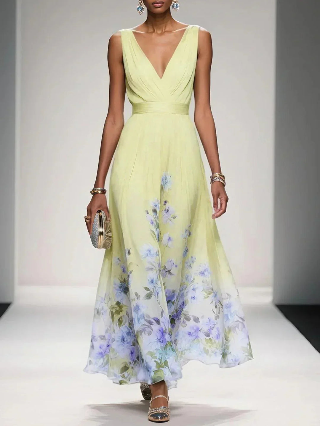 Rosa | Vestito maxi in chiffon floreale con scollatura a V