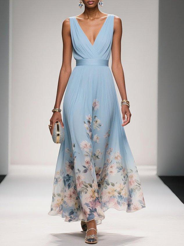 Rosa | Vestito maxi in chiffon floreale con scollatura a V