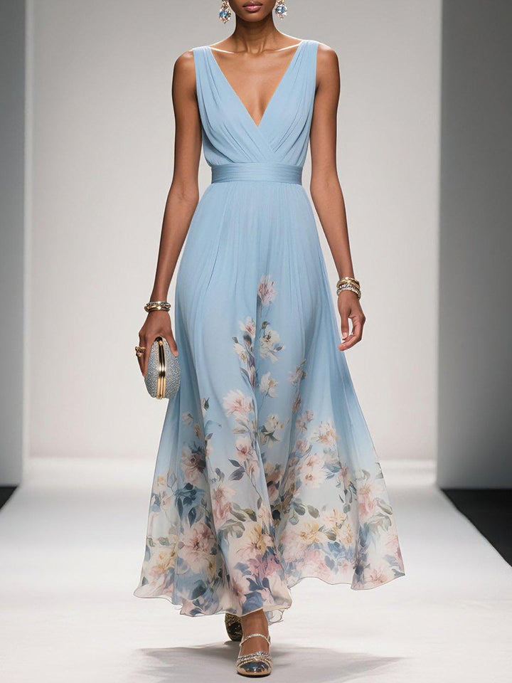 Rosa | Vestito maxi in chiffon floreale con scollatura a V