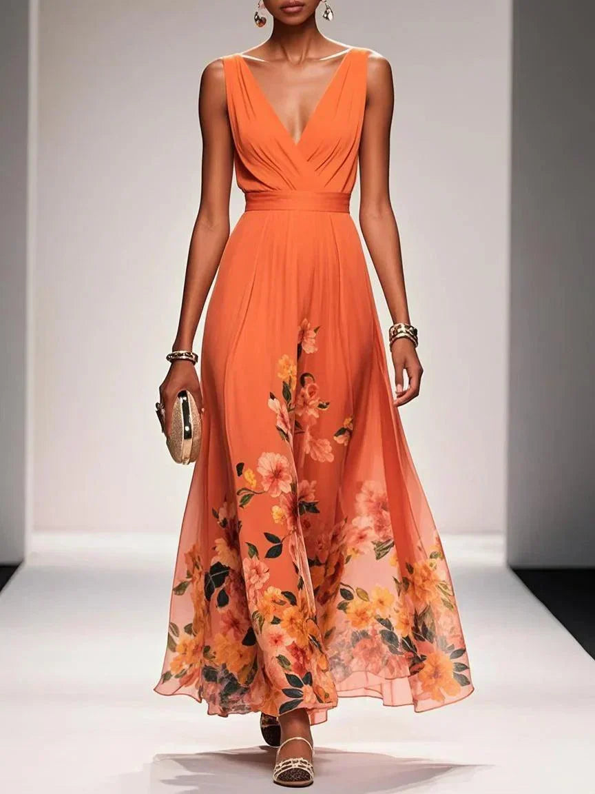 Rosa | Vestito maxi in chiffon floreale con scollatura a V