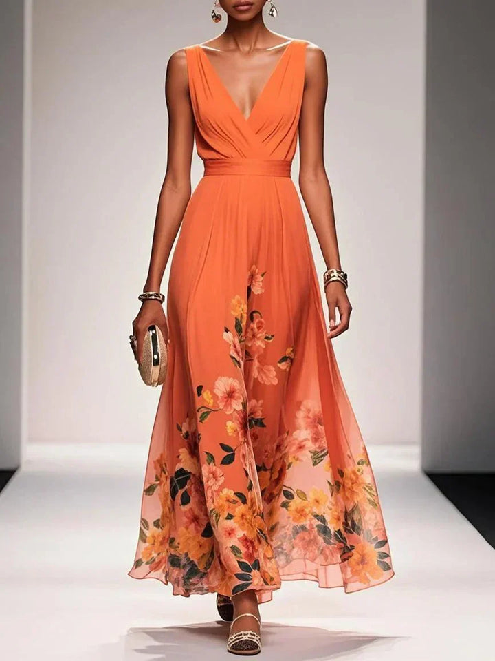 Rosa | Vestito maxi in chiffon floreale con scollatura a V