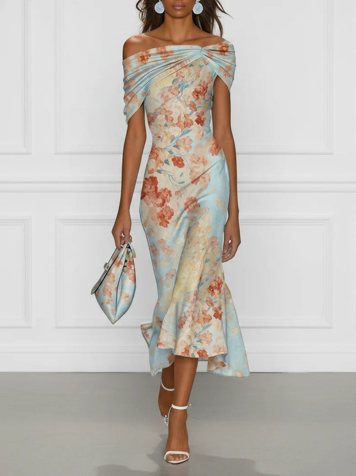 Vittoria - Vestito Midi Sirena Senza Maniche con Spalle Scoperte e Fantasia Floreale Blu