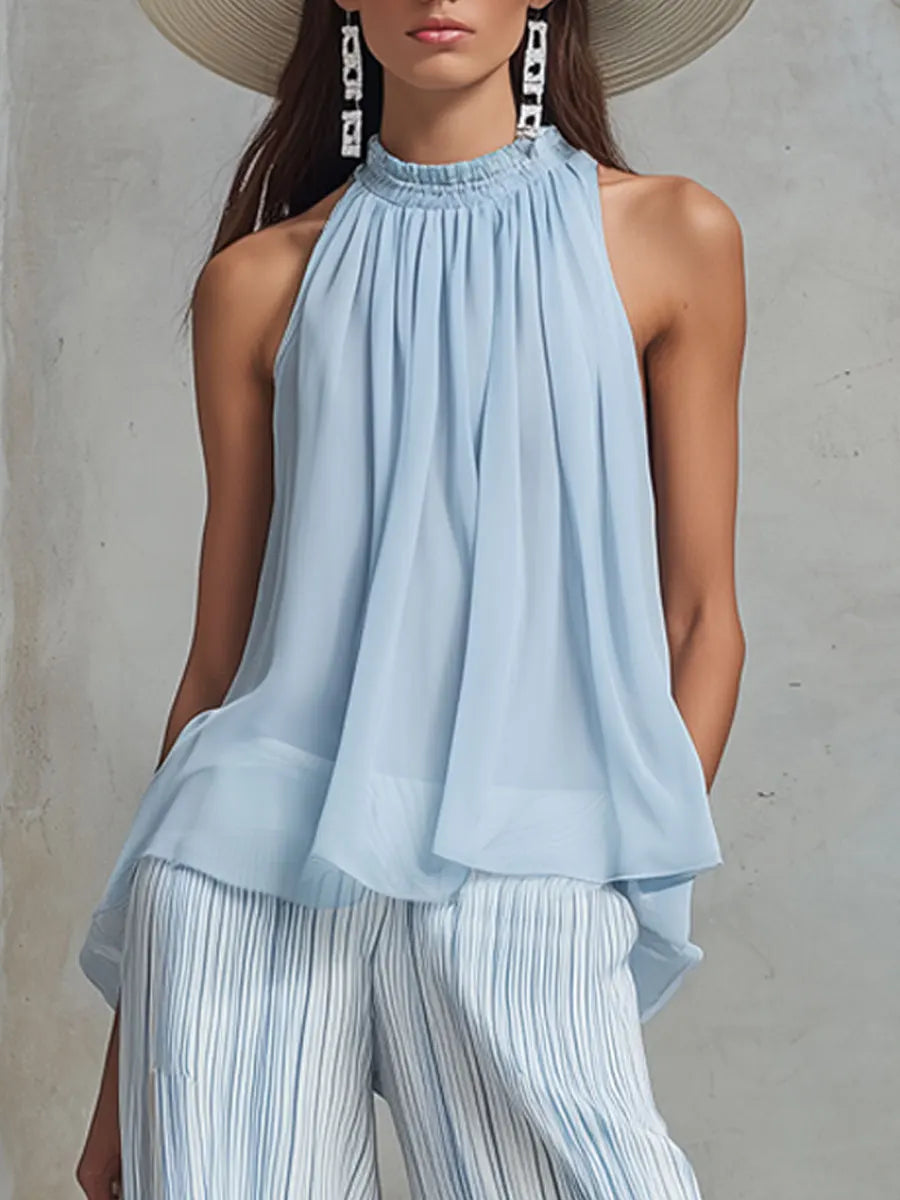 Azzurra – completo in chiffon a due pezzi con top senza maniche e pantaloni a gamba larga