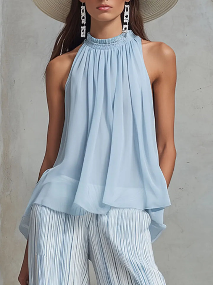 Azzurra – completo in chiffon a due pezzi con top senza maniche e pantaloni a gamba larga