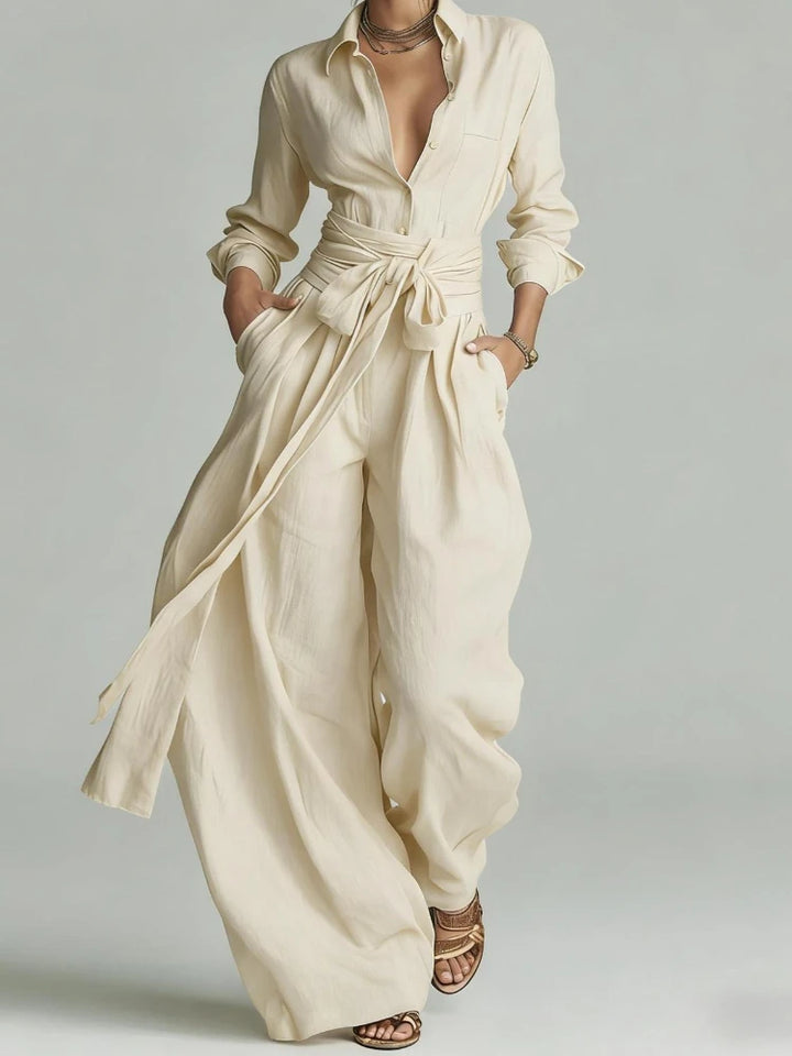 Serafina - Completo vintage a due pezzi con camicia a maniche lunghe con bottoni e pantaloni a gamba larga