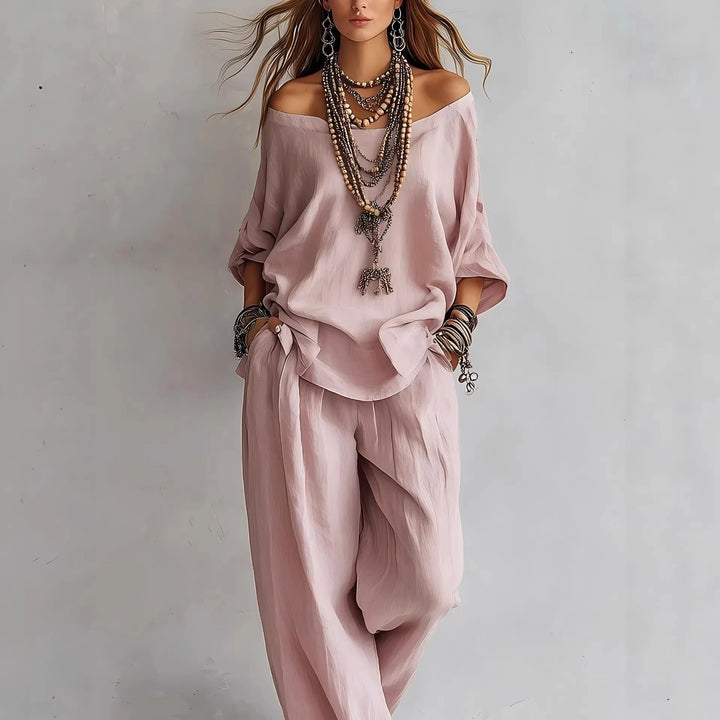 Vittoria - Completo in due pezzi con top off-shoulder e pantaloni a gamba larga