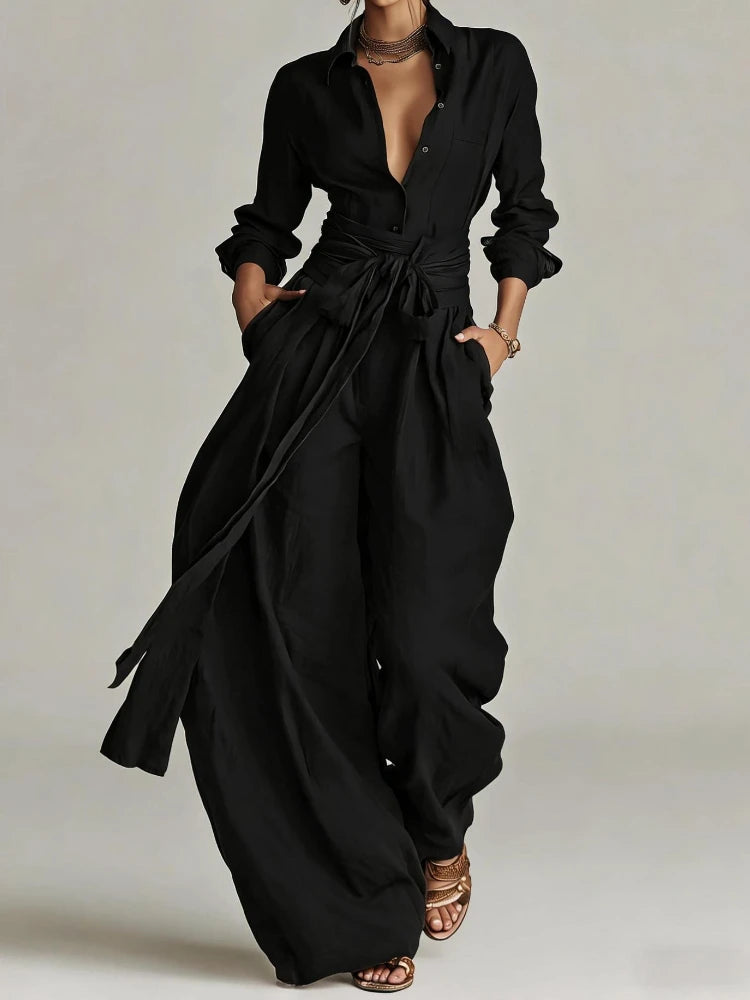Serafina - Completo vintage a due pezzi con camicia a maniche lunghe con bottoni e pantaloni a gamba larga