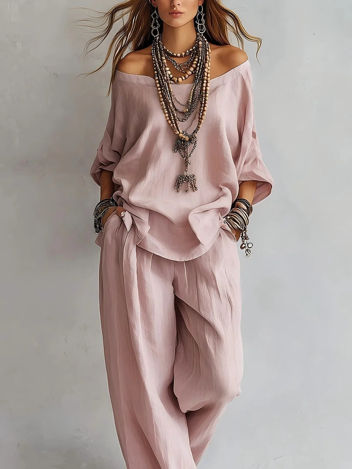 Vittoria - Completo in due pezzi con top off-shoulder e pantaloni a gamba larga