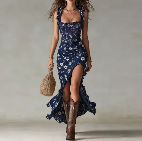 Zara - Vestito maxi boho retrò con maniche arricciate e spacco alto