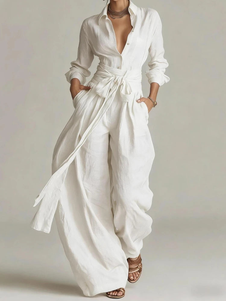 Serafina - Completo vintage a due pezzi con camicia a maniche lunghe con bottoni e pantaloni a gamba larga