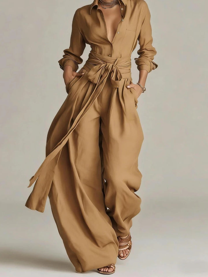 Serafina - Completo vintage a due pezzi con camicia a maniche lunghe con bottoni e pantaloni a gamba larga