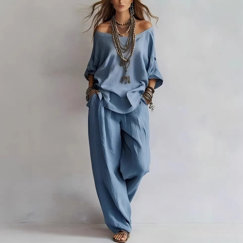 Vittoria - Completo in due pezzi con top off-shoulder e pantaloni a gamba larga