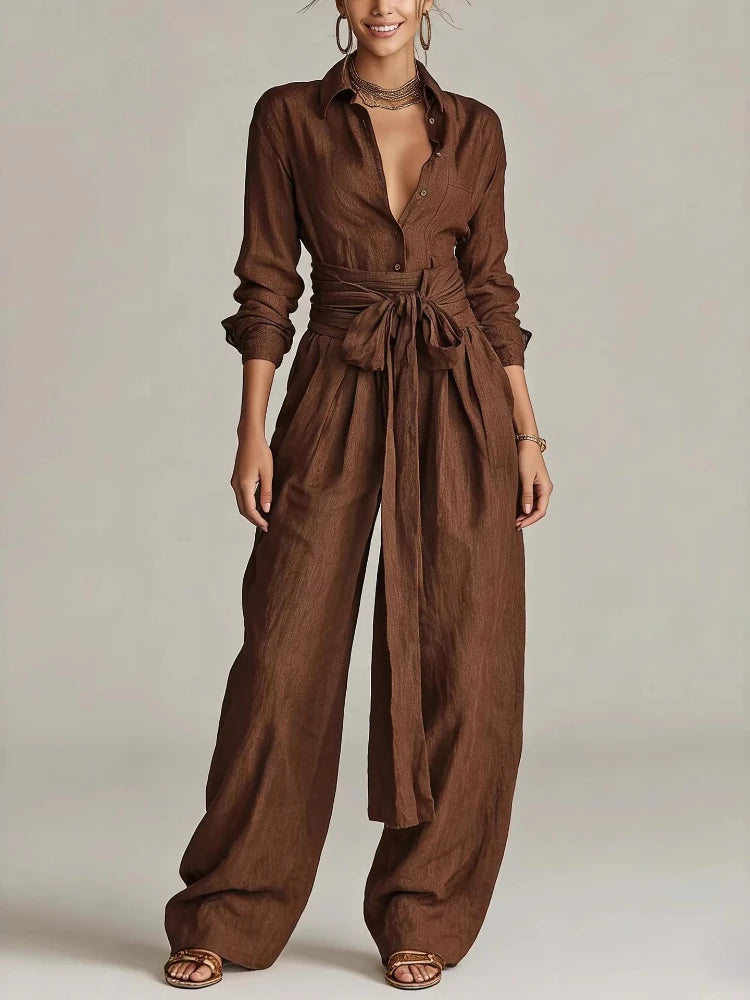 Serafina - Completo vintage a due pezzi con camicia a maniche lunghe con bottoni e pantaloni a gamba larga