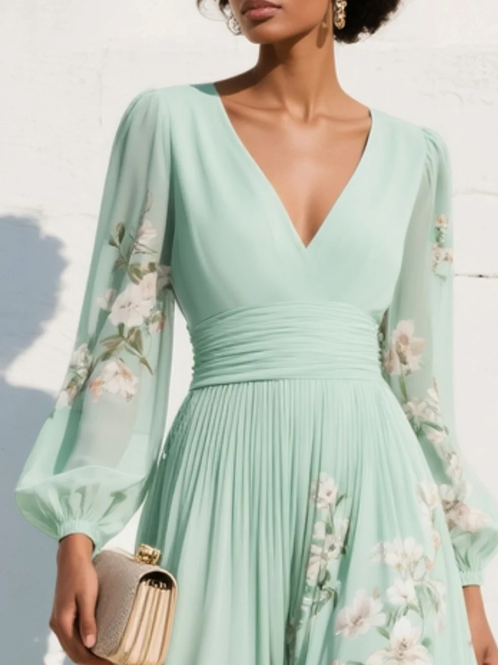 Abito maxi plissettato in chiffon verde menta con stampa floreale da donna