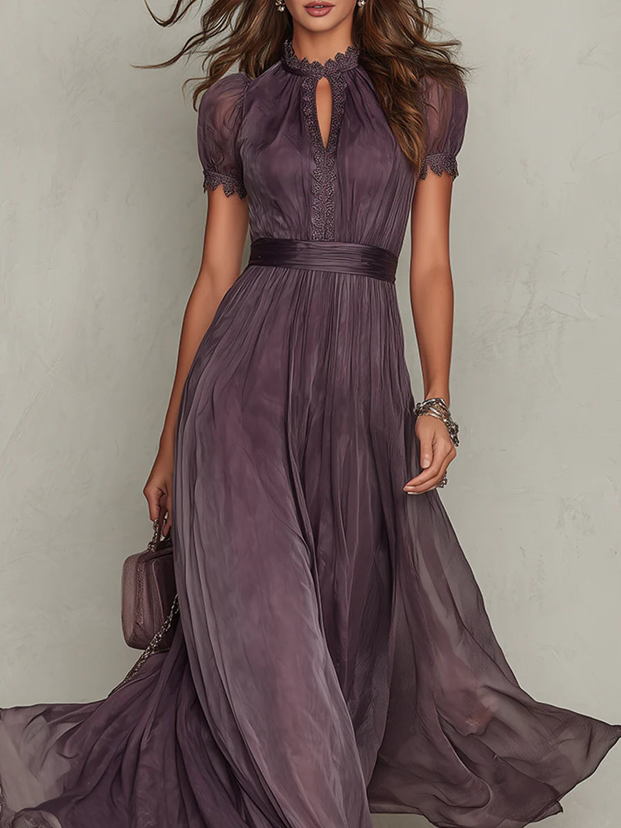 FLAVIA | Abito lungo viola con finiture in pizzo