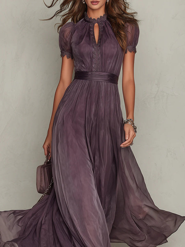 FLAVIA | Abito lungo viola con finiture in pizzo