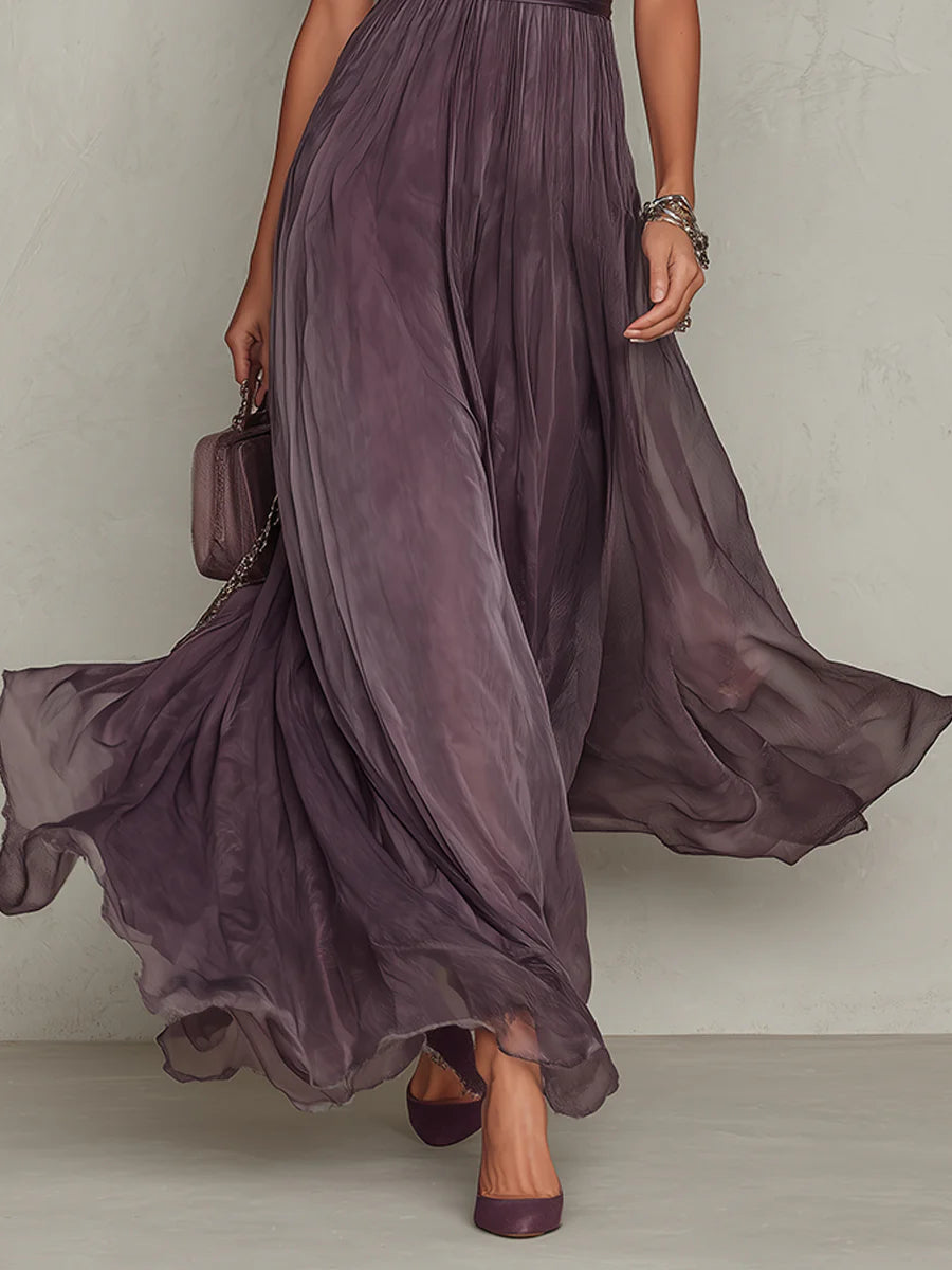 FLAVIA | Abito lungo viola con finiture in pizzo