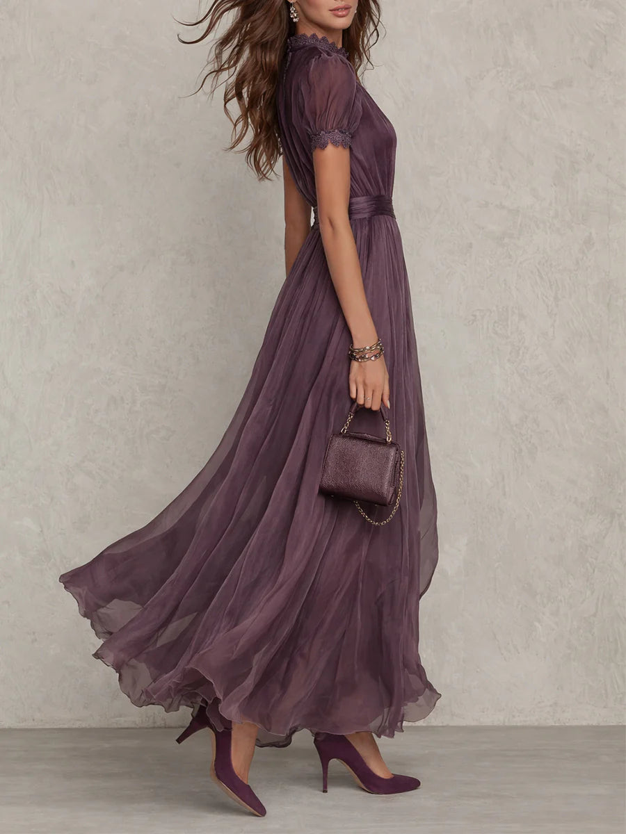 FLAVIA | Abito lungo viola con finiture in pizzo