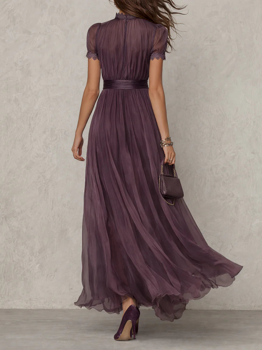 FLAVIA | Abito lungo viola con finiture in pizzo