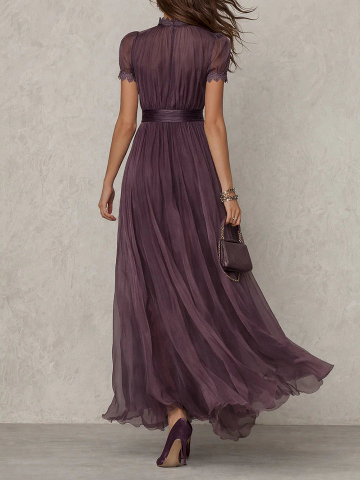 FLAVIA | Abito lungo viola con finiture in pizzo