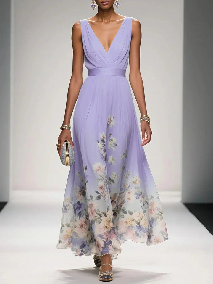 Rosa | Vestito maxi in chiffon floreale con scollatura a V