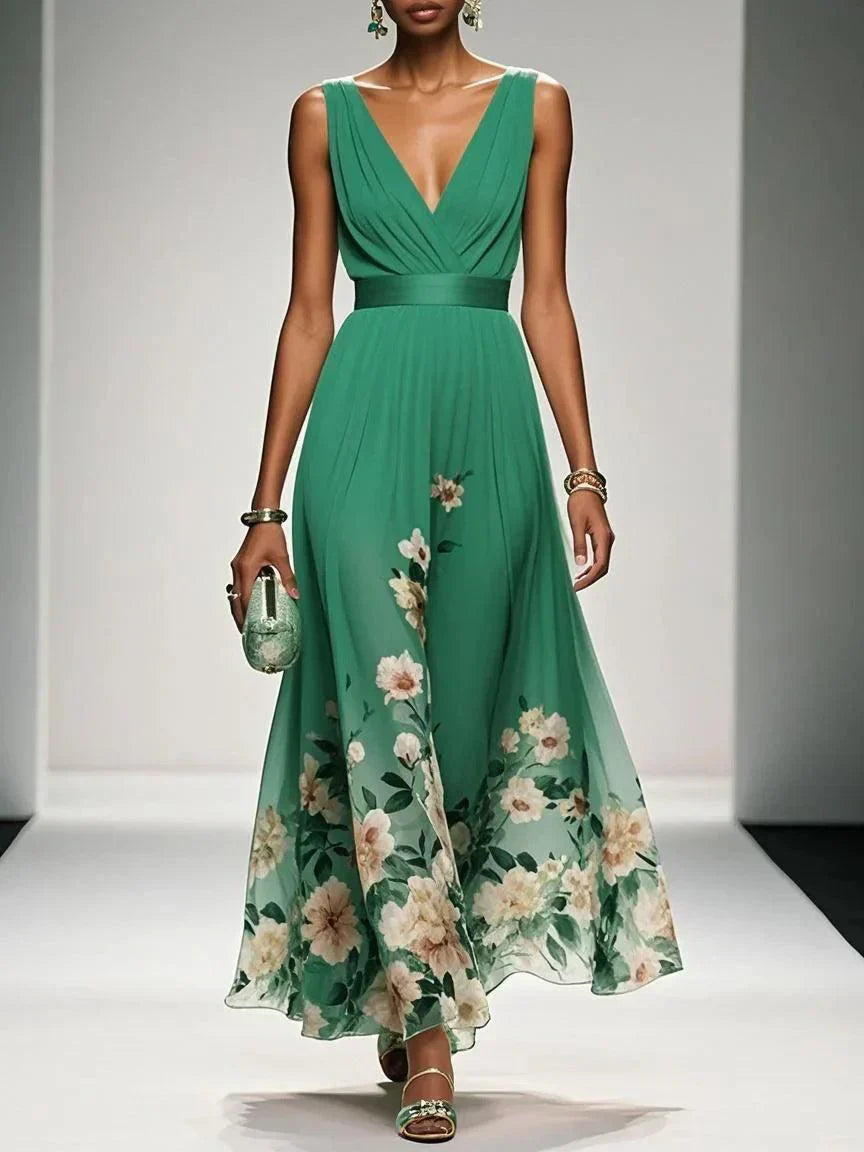 Rosa | Vestito maxi in chiffon floreale con scollatura a V