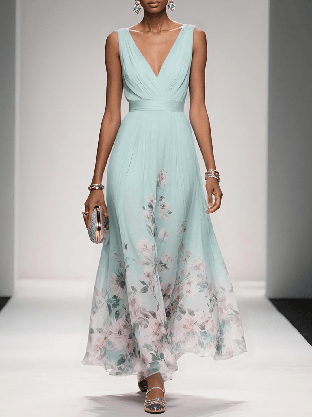 Rosa | Vestito maxi in chiffon floreale con scollatura a V
