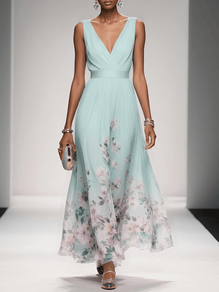 Rosa | Vestito maxi in chiffon floreale con scollatura a V