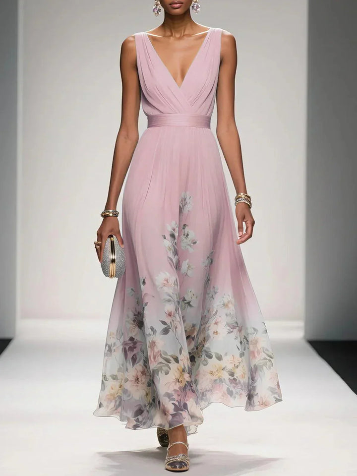 Rosa | Vestito maxi in chiffon floreale con scollatura a V