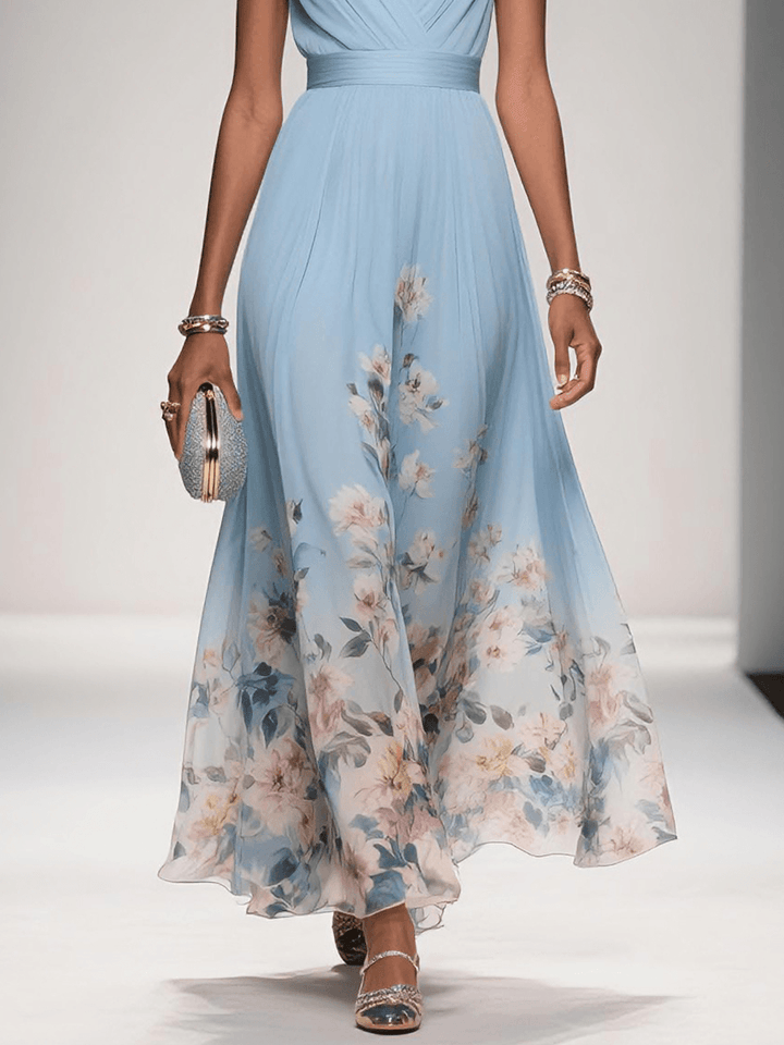 Rosa | Vestito maxi in chiffon floreale con scollatura a V