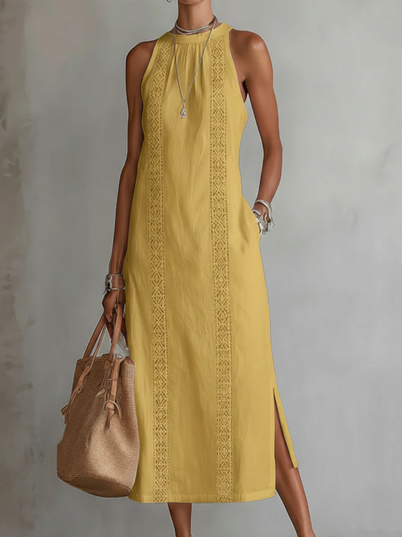 Bianca - Abito midi con colletto alla coreana in tessuto leggero
